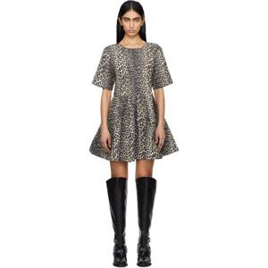 가니 원피스 베이지   그레이 레오파드 코튼 트위드 미니 드레스 251144F054004