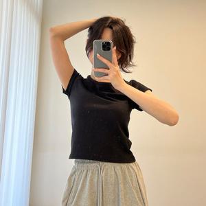 여자 나그랑 크롭반팔티 라운드 스판 무지 티셔츠