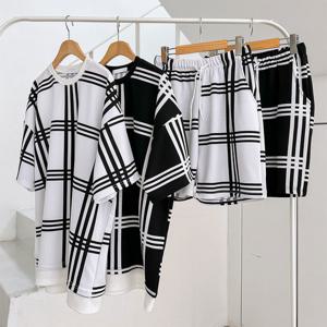 남여공용 체크 레이어드 반팔 상하의 세트 5C-SETH-Q007-블랙