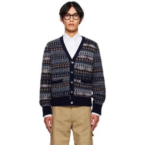 톰브라운 가디건 네이비 펀믹스 페어아일 자카드 브이넥 가디건 252381M200014