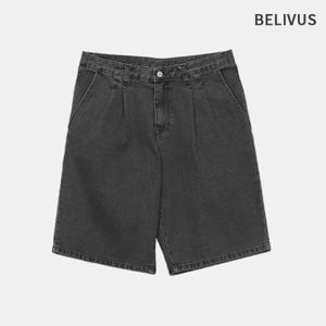 빌리버스 남자 투턱 와이드 데님 반바지 BDONP002