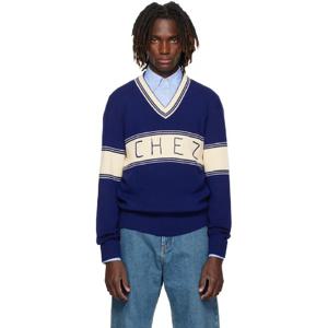 발렌티노 브이넥 네이비   베이지 쉐 발렌티노 자카드 패턴 스웨터 252476M206000