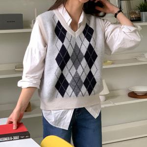 [샵앤][샵앤] 여성 V넥 아가일 니트 조끼 21DS-WVS-4896-네이비