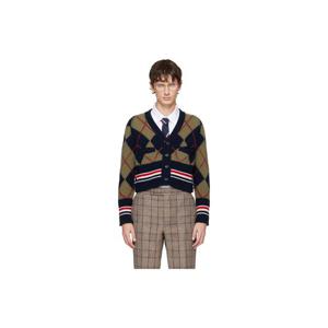 톰브라운 가디건 카키   네이비 메리노 아가일 인타르시아 니트 브이넥 가디건 252381M200027