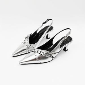 [신난다슈] 여성 슬링백 힐 5cm 여자 스틸레토 슬링백 구두 펌프스 미들힐 펀칭 LO251144 실버