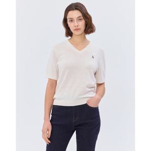 (+더블쿠폰 10%) 헤지스 여성 25SS 스테디셀러면아이보리 오가닉면 강연 반소매 브이넥 스웨터 WSSW5BC41IV