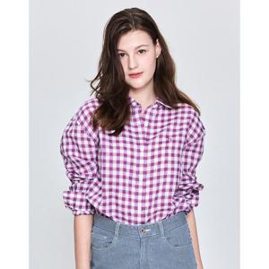 (+더블쿠폰 10%) 헤지스 여성 25SS 스테디셀러린넨100%퍼플 깅엄 체크 루즈핏 셔츠 WSSH5BC39U2