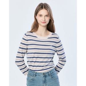 (+더블쿠폰 10%) 헤지스 여성 25SS 스테디셀러린넨블루 스트라이프 7부 라운드넥 스웨터 WSSW5B201B1