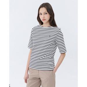 (+더블쿠폰 10%) 헤지스 여성 25SS 스테디셀러면100%네이비 스트라이프 반소매 티셔츠 WSTS5B322N2