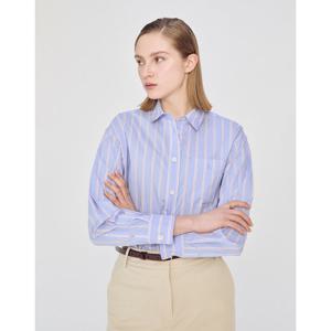 (+더블쿠폰 10%) 헤지스 여성 25SS 스테디셀러면블루 스트라이프 세미 오버핏 긴소매 셔츠 WSSH5BP31B1