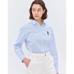 (+더블쿠폰 10%) 헤지스 여성 25SS 스테디셀러면블루 스트라이프 해리 로고 옥스포드 루즈핏 긴소매 셔츠 WSSH5B205B1