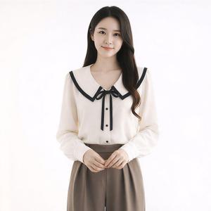 [모리스커밍홈] 세일러 배색 리본 블라우스_M2603BL067A