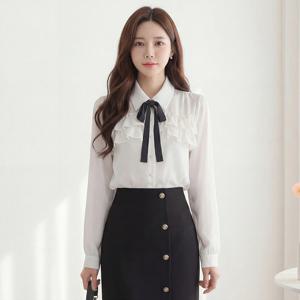 [모리스커밍홈] 프릴 배색 리본 카라 블라우스_M2603BL068A