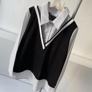 [강물처럼]빅사이즈사랑해요 C576L402 조끼배색카라잔줄셔츠 BS