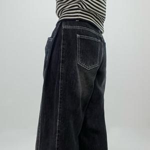 (S-3XL)숏 기본 롱 UNISEX 카브 사이드핀턱 워싱 롱 와이드 데님 밑단스냅 통큰 빅사이즈 남여공용 사계절 청바지 기장선택