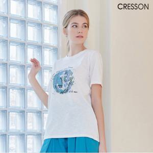 크레송 아쿠아블루 여성 23SS프린팅 포인트 슬럽 티셔츠 C232B00