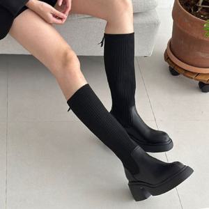 브라운 홀릭 HSM009 여성 롱부츠 천연소가죽 니트 레이어드