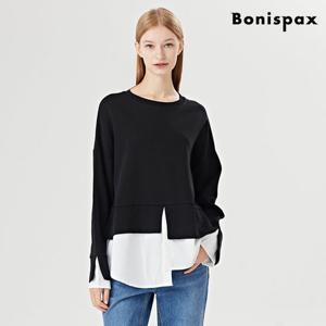 [보니스팍스(여성의류)]라운드 셔츠 배색 언발 트임 긴팔 티셔츠 (XO3LW024L0)
