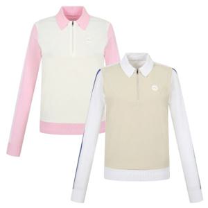 [핑골프]양말증정여성 우븐 배색 카라 반집업 긴팔 티셔츠 (121E1SR151)