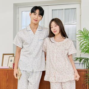 바풀 CA5S13116 커플잠옷 순면 파자마 남성 여성 여름 반팔 잠옷 세트 핑크