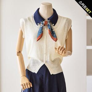 [한정수량] [커스텀에이블] [스카프세트] 배색 카라 슬리브리스 니트_T2507KN099B