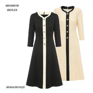 [미니멈]MD 라인배색 버튼 포인트 플레어 원피스 MD MMZBGWO3950