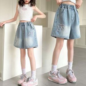 [다미주니어]리본밴딩청반바지 여름 어린이 반바지 나비 자수바지 초등여아 주니어 청팬츠 데일리룩