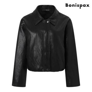 [보니스팍스(여성의류)]레더 카라 집업 밴딩 크롭 자켓 (XP3JK025L0)