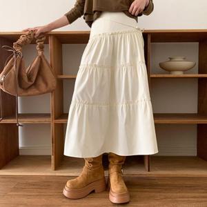 여자 심플 핀턱 캉캉 플레어 뒷밴딩 롱 스커트