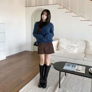 여성 퍼 앙고라 V넥 가디건