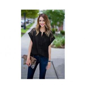 LS24200 노카라 어깨 망사 시스루 반팔 V넥 블라우스