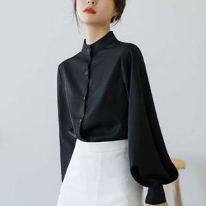 F09114 깔끔 풍성한 볼륨 소매 하이넥 블라우스 BL