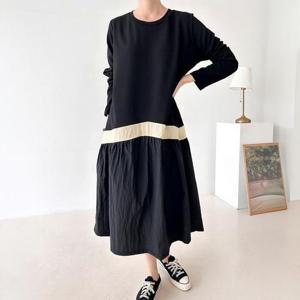 [강물처럼]빅사이즈플레어원피스 S624L503 루이배색주름롱원피스