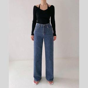 [바이어스]스판 밴딩 통 청바지 일자핏 와이드핏 데님 팬츠 룩 (