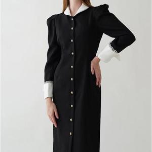 [바이어스]S,M,L,XL 빅사이즈 배색 카라 퍼프 단추 롱 원피스 룩