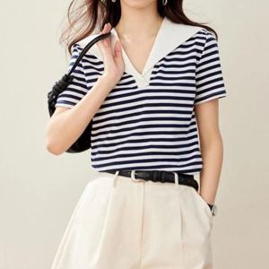 마린 무드 카라 반팔 티숙 TDN0133 프린팅 나시 목폴라 티숙 베이직 카라넥 카라 여성 흐 반팔 코튼 크루넥