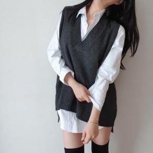 [바이어스]램스 울 브이넥 여자 하프 니트조끼 원피스 롱 베스트