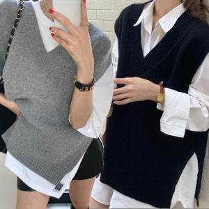 [깨비몰][깨비몰] 여성 레이어드 니트조끼 옆절개 루즈핏 조끼 (