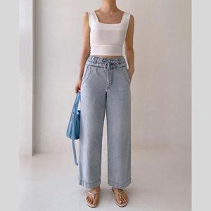 [바이어스]와이드핏 하이웨스트 밴딩 스판 통바지 데님 팬츠 룩