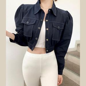 [바이어스]스티치 카라넥 루즈핏 퍼프 패드 크롭 숏 자켓 코디 (