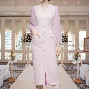 [깨비몰][깨비몰]여성 트위드 원피스 버튼 롱 드레스 슬림라인 (