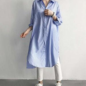 절개 스트라이프 데일리룩 스트라이프 여자 롱 셔츠