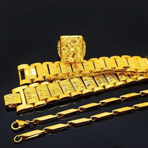 3종세트 팔찌 목걸이 반지 남자 18k압축도금셋트 맨즈스퀘어 대나무육각 승천 / 변색없는 금 싱크로율 금 도금 패션 볼드 할로우 체인 주얼리 골드 가벼운 써지컬 티타늄