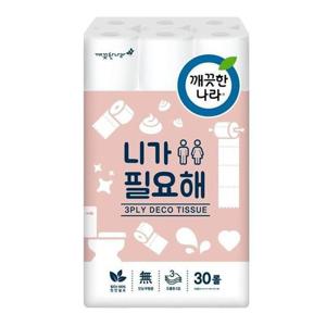 JU 깨끗한나라 니가필요해 도톰한3겹 30롤/ 엠보싱/ 두루마리 화장지/ 무색 무향 무형광