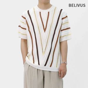 빌리버스 남성 펀칭 배색 여름 반팔니트 라운드넥 니트티 BWT008