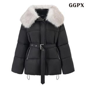 GGPX 벨티드 퍼 탈부착 카라 배색  패딩 점퍼 (GPDJJ046D)