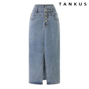 [탱커스]하이웨스트 버튼 데님 앞 트임 롱 스커트 (TY1SK003L0)
