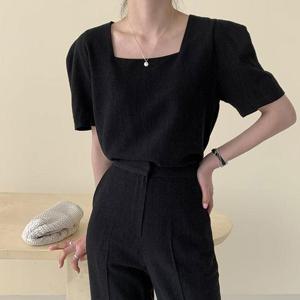 [바이어스]스퀘어넥 반팔 린넨 블라우스 하객룩 이재은 티셔츠 (