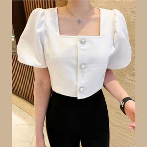 [바이어스]트위드 진주 크롭 스퀘어넥 퍼프 반팔 블라우스 하객