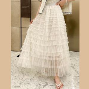 [바이어스]쉬폰 샤 캉캉 하이웨스트 밴딩 시스루 롱 스커트 치마